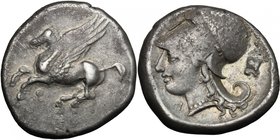 Continental Greece. Corinthia, Corinth. AR Stater, c. 375-300 BC. D/ Pegasos flying left; below, koppa. R/ Helmeted head of Athena left; A below chin,...