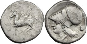 Continental Greece. Corinthia, Corinth. AR Stater, c. 375-300 BC. D/ Pegasos flying left; below, koppa. R/ Helmeted head of Athena left; behind, krota...