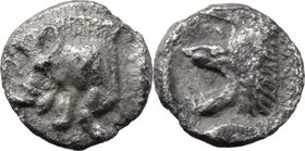 Greek Asia. Mysia, Kyzikos. AR 1/4 obol, after 480 BC. D/ Forepart of running boar left. R/ Head of roaring lion left, within shallow incuse square. V...