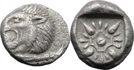 Greek Asia. Ionia, Miletos. AR Obol, 6th century BC. D/ Head of lion left. R/ Stellate pattern within incuse square. Von Aulock 2080. AR. g. 1.20 mm. ...