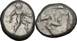 Greek Asia. Pamphylia, Aspendos. AR Stater, 465-430 BC. D/ Warrior advancing right, holding shield and spear. R/ Ε-Σ-[Τ-F]. Triskeles. SNG Cop. 159; S...