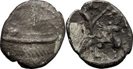 Greek Asia. Judaea. AR Obol, Samaria mint, 380-322 BC. D/ Galley. R/ Persian king standing right, holding dagger to stab a lion held by the head. Hend...
