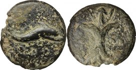 Dioscuri/Mercury series. AE Cast Triens, c. 275-270 BC. D/ Thunderbolt; on either side, two pellets. R/ Dolphin right; below, four pellets. Cr. 14/3. ...