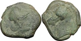 Anonymous. AE Half Unit, after 276 BC, Neapolis mint. D/ Helmeted head of Minerva right; below, R[ ]N[ ]. R/ Bridled horse's head left; two dots on ne...