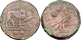 Anomalous Semilibral series. AE Sextans, c. 217-215 BC. D/ She-wolf suckling twins; in exergue, two pellets. R/ ROMA. Eagle standing right, holding fl...