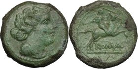 Anomalous Semilibral series. AE Semuncia, c. 217-215 BC. D/ Draped female bust right, wearing turreted crown. R/ Horseman galloping right, holding whi...