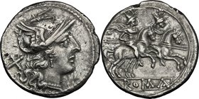 Anonymous. Fourrée Denarius, after 211 BC. D/ Helmeted head of Roma right; behind, X. R/ The Dioscuri galloping right; below, ROMA in linear frame. Cr...