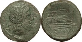 Sextantal series. AE Semis, after 211 BC. D/ Laureate head of Saturn right, S behind. R/ Prow right; above, S and below, ROMA. Cr. 56/3. AE. g. 19.01 ...