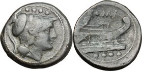 Sextantal series. AE Triens, after 211 BC. D/ Helmeted head of Minerva right; above, four pellets. R/ ROMA. Prow right; below, four pellets. Cr. 56/4....