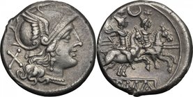 Crescent (first) series. AR Denarius, 207 BC. D/ Helmeted head of Roma right; behind, X. R/ The Dioscuri galloping right; above, crescent and below, R...