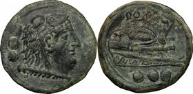 AE Quadrans, Luceria mint, c. 211-208. D/ Head of Hercules right; behind, three pellets; below neck truncation, club. R/ ROMA. Prow right; before, [L]...