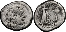 Cn. Baebius Tamphilus. AR Victoriatus, c. 194-190 BC. D/ Laureate head of Jupiter right. R/ Victory crowning trophy; in centre field, TAMP ligate; in ...