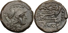 A. Caecilius. AE Triens, c. 169-158 BC. D/ Helmeted head of Minerva right; above, four pellets. R/ Prow right; above, A. CAE (ligate); before four pel...