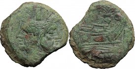Butterfly and vine branch series. AE As, c. 169-158 BC. D/ Laureate head of Janus; above I. R/ Prow right; above, butterfly on vine branch and before,...