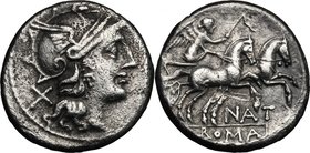 Pinarius Natta. AR Denarius, 155 BC. D/ Helmeted head of Roma right; behind, X. R/ Victory in biga right; below horses, NAT; in exergue, ROMA. Cr. 200...