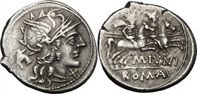 M. Iunius Silanus. AR Denarius, 145 BC. D/ Helmeted head of Roma right; below chin, X; behind, ass's head. R/ The Dioscuri galloping right; below hors...