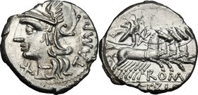 M. Baebius Q. f. Tampilus. AR Denarius, 137 BC. D/ Helmeted head of Roma left, wearing necklace of beads; below chin, X; behind, TAMPIL. R/ Apollo in ...