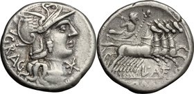 L. Antestius Gragulus. AR Denarius, 136 BC. D/ Helmeted head of Roma right; below chin, X; behind, GRAG. R/ Jupiter in fast quadriga right, hurling th...