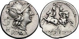 C. Servilius M.f. AR Denarius, 136 BC. D/ Helmeted head of Roma right; behind, wreath; below, X and ROMA. R/ The Dioscuri galloping in opposite direct...