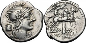 M. Marcius Mn. f. AR Denarius, 134 BC. D/ Helmeted head of Roma right; below chin, X; behind, modius. R/ Victory in biga right; below, M MARC/ROMA div...