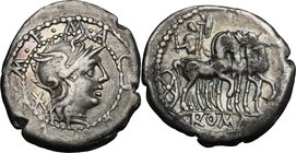 M. Acilius M.f. AR Denarius, 130 BC. D/ Helmeted head of Roma right; behind, X; around, M. ACILIVS M.F. within double border dots. R/ Hercules in quad...