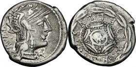M. Caecilius Q. f. Q. n. Metellus. AR Denarius, 127 BC. D/ Helmeted head of Roma right; behind, ROMA upwards; below chin, X. R/ M. METELLVS. Q.F aroun...