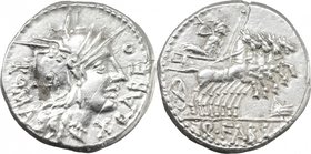 Q. Fabius Labeo. AR Denarius, 124 BC. D/ Helmeted head of Roma right; behind, ROMA; before, X and LABEO. R/ Jupiter in quadriga right, holding sceptre...
