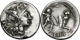 T. Didius. Fourrée Denarius, 113-112 BC. D/ Helmeted head of Roma right; behind, ROMA in monogram; below neck truncation, X. R/ Battle between two gla...