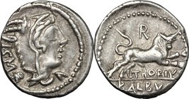 L. Thorius Balbus. AR Denarius, 105 BC. D/ Head of Juno of Lanuvium right, wearing goat's skin, I.S.M.R. behind. R/ Bull charging right, R above, L. T...