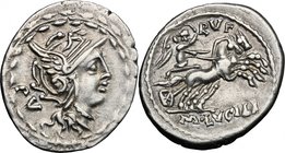 M. Lucilius Rufus. AR Denarius, 101 BC. D/ Helmeted head of Roma right; behind, PV; all within wreath. R/ Victory in biga right; above, RVF; in exergu...