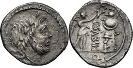 P. Vettius Sabinus. AR Quinarius, 99 BC. D/ Laureate head of Jupiter right; behind, [I and dot]. R/ Victory standing right, crowning trophy; between, ...