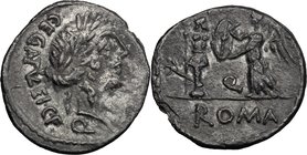 C. Egnatuleius C.f. AR Quinarius, 97 BC. D/ Laureate head of Apollo right; below, Q; behind, C. EGNATVLEI. C. F. R/ Victory left inscribing shield att...