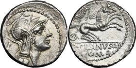 D. Silanus L.f. AR Denarius, 91 BC. D/ Helmeted head of Roma right; behind, letter. R/ Victory in biga right; above, numeral; in exergue, D. SILANVS L...