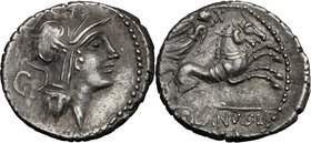 D. Silanus L.f. AR Denarius, 91 BC. D/ Helmeted head of Roma right; behind, G. R/ Victory in biga right; above, X; in exergue, D. SILANVS L.F/ROMA. Cr...