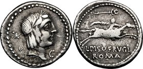 L. Calpurnius Piso Frugi. AR Denarius, 90 BC. D/ Laureate head of Apollo right; behind, mark of value; below chin, C. R/ Horseman galopping right hold...