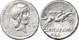 L. Calpurnius Piso Frugi. AR Denarius, 90 BC. D/ Laureate head of Apollo right; behind, symbol. R/ Horseman galloping right, holding palm; below, L. P...