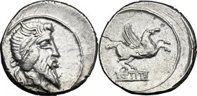Q. Titius. AR Denarius, 90 BC. D/ Head of Mutinus Titinus-Priapus right, wearing winged diadem. R/ Pegasus prancing right; below, Q.TITI in linear fra...