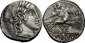 C. Vibius C.f. Pansa. AR Denarius, circa 90 BC. D/ PANSA. Laureate head of Apollo right; below chin, letter. R/ Minerva in fast quadriga right, holdin...