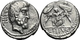 L. Titurius L. f. Sabinus. AR Denarius, 89 BC. D/ SABIN. Head of King Tatius right; below chin, palm. R/ Tarpeia stands facing between to soldiers, wh...