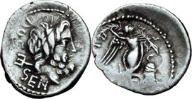 L. Rubrius Dossenus. AR Quinarius, circa 87 BC. D/ Laureate head of Neptune right. Behind, DOS-SEN and trident. R/ Victory advancing right, head facin...