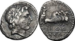 Gargilius, Ogulnius and Vergilius. AR Denarius, 86 BC. D/ Head of Apollo right, wearing oak wreath; below, thunderbolt. R/ Jupiter in prancing quadrig...