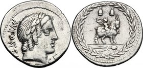 Mn. Fonteius C.f. AR Denarius, 85 BC. D/ Laureate head of Vejovis right, MN. FONTEI behind, C.F below chin. R/ Infant winged Genius seated on goat rig...