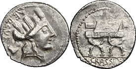 P. Furius Crassipes. AR Denarius, 84 BC. D/ AED CVR. Turreted head of Cybele right; behind, foot upwards. R/ Curule chair inscribed P. FOVRIVS; in exe...