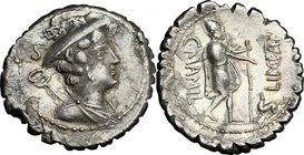 C. Mamilius Limetanus. AR Denarius serratus, 82 BC. D/ Draped bust of Mercury right, wearing winged petasus; caduceus over left shoulder; above, S. R/...