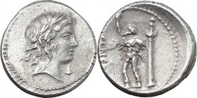 L. Censorinus. AR Denarius, 82 BC. D/ Laureate head of Apollo right; below chin, uncertain symbol. R/ L. CENSOR. The satyr Marsyas standing left, with...
