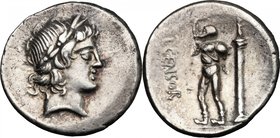 L. Censorinus. AR Denarius, 82 BC. D/ Laureate head of Apollo right. R/ L. CENSOR. The satyr Marsyas, standing left, with right arm raised and holding...