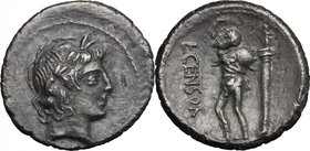 L. Censorinus. Fourrée (?) Denarius, 82 BC. D/ Laureate head of Apollo right. R/ L. CENSOR. The satyr Marsyas, standing left, with right arm raised an...