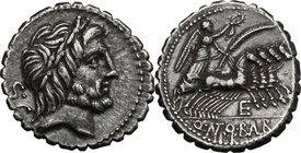 Q. Antonius Balbus. AR Denarius serratus, 83-82 BC. D/ Laureate head of Jupiter right, S.C behind. R/ Victory in quadriga right; below horses, E; in e...