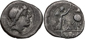 Anonymous. AR Quinarius, 81 BC. D/ Laureate head of Apollo right. R/ Victory right, crowning trophy; in field, A. Cr. 373/1b. AR. g. 1.66 mm. 15.00 To...