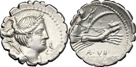 Ti. Claudius Ti. f. Ap. n. Nero. AR Denarius serratus, 79 BC. D/ Draped bust of Diana right, bow and quiver on shoulder; before chin, SC. R/ Victory i...